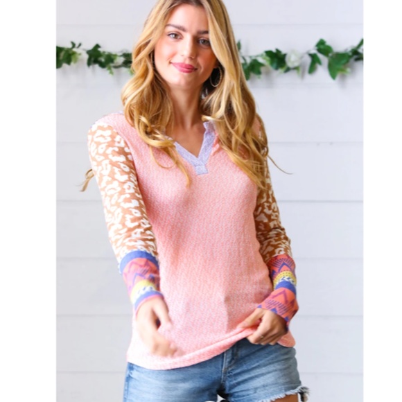 Ces Femme Tops - "The Lexie" Coral Animal and Aztec Print Top - LG